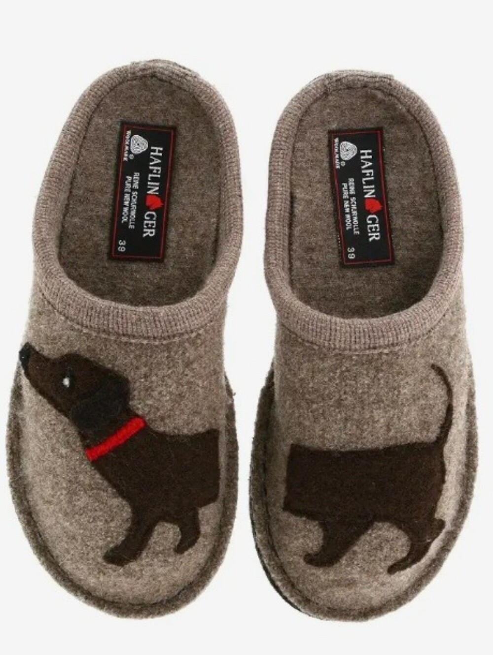 Haflinger Taupe Wool Slip-Ons with Brown Doggy Appliqué